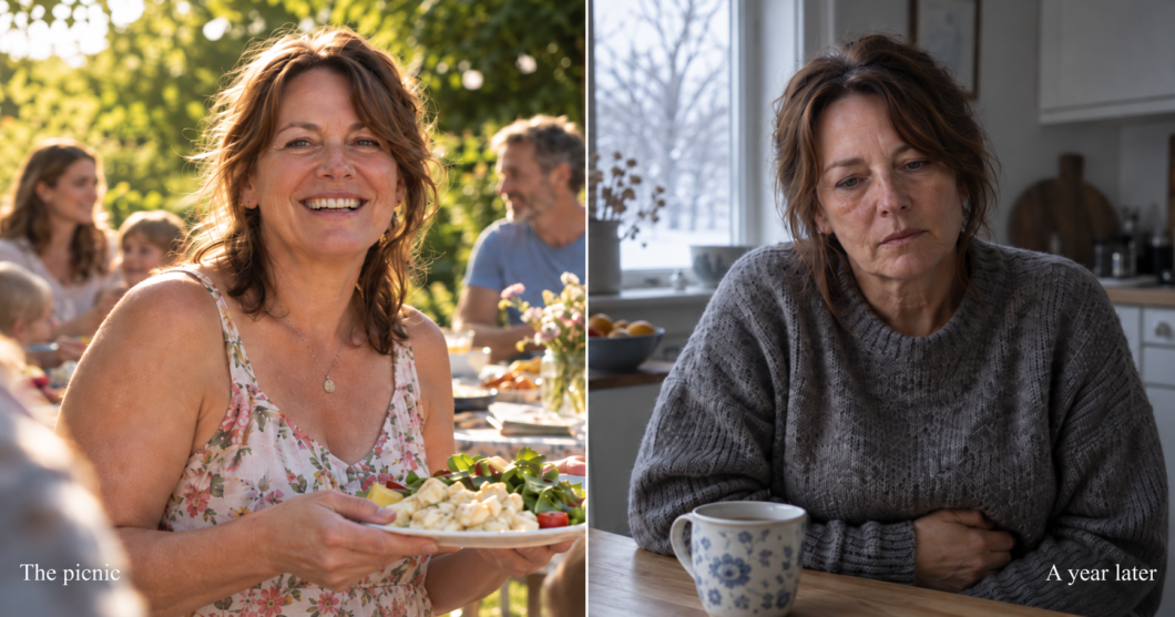 Left, a woman smiling at an outdoor summer meal holding a plate of potato salad. Right, the same woman a year later at a kitchen table in winter, tired, one hand across her stomach.