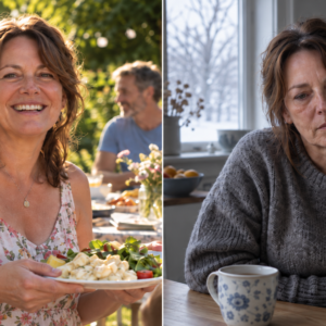 Left, a woman smiling at an outdoor summer meal holding a plate of potato salad. Right, the same woman a year later at a kitchen table in winter, tired, one hand across her stomach.