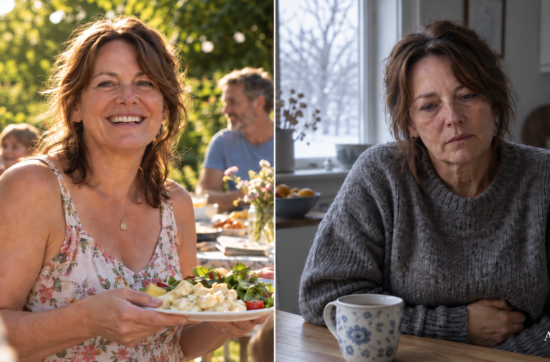 Left, a woman smiling at an outdoor summer meal holding a plate of potato salad. Right, the same woman a year later at a kitchen table in winter, tired, one hand across her stomach.