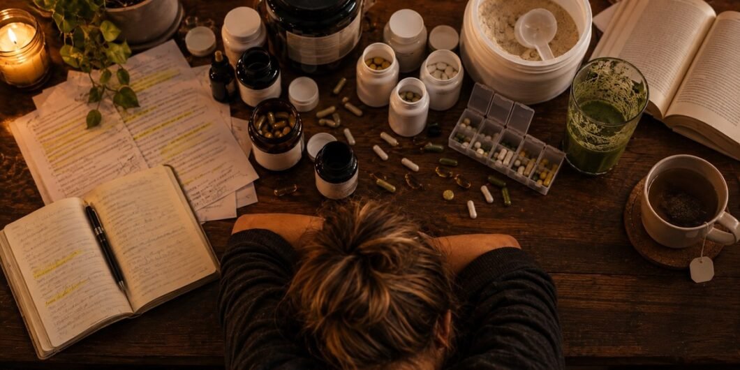 Overhead view of a kitchen table covered in supplement bottles, powders, a pill organiser and highlighted protocol pages, with a woman's head resting on her folded arms at the edge of the frame.