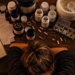 Overhead view of a kitchen table covered in supplement bottles, powders, a pill organiser and highlighted protocol pages, with a woman's head resting on her folded arms at the edge of the frame.