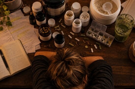 Overhead view of a kitchen table covered in supplement bottles, powders, a pill organiser and highlighted protocol pages, with a woman's head resting on her folded arms at the edge of the frame.