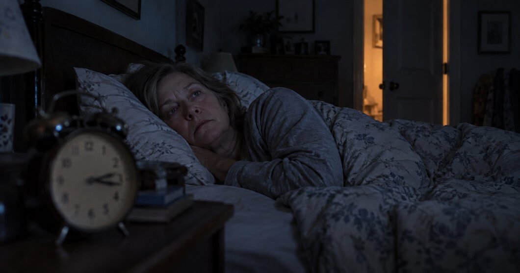 A woman in her sixties lying awake in a dark bedroom in the early hours, eyes open, expression tired rather than alarmed. An old alarm clock sits out of focus in the foreground and warm light spills through a part-open door to the hallway.