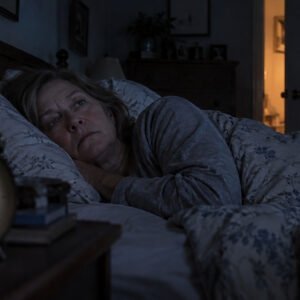 A woman in her sixties lying awake in a dark bedroom in the early hours, eyes open, expression tired rather than alarmed. An old alarm clock sits out of focus in the foreground and warm light spills through a part-open door to the hallway.