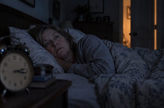 A woman in her sixties lying awake in a dark bedroom in the early hours, eyes open, expression tired rather than alarmed. An old alarm clock sits out of focus in the foreground and warm light spills through a part-open door to the hallway.