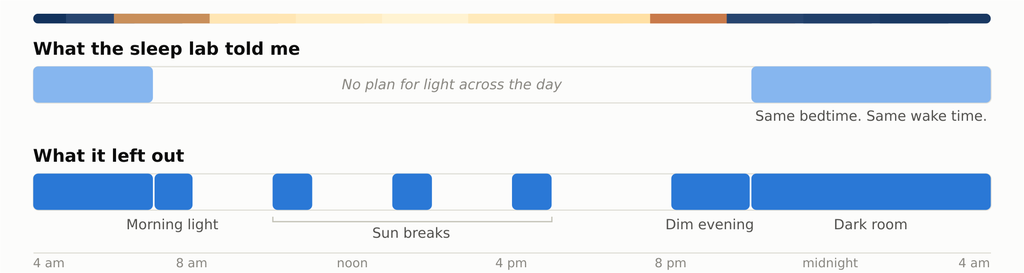 Two bars showing a day. The first, what the sleep lab told me, covers only the night. The second, what it left out, adds morning light, sun breaks, a dim evening and a dark room.