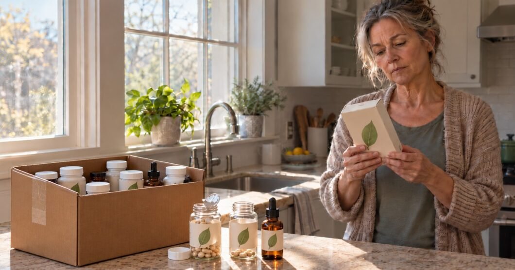 A woman in her late fifties at her kitchen counter, looking doubtful as she reads the box of a new parasite cleanse kit. Beside her sit a cardboard storage box of supplement bottles and three opened bottles, one nearly empty.