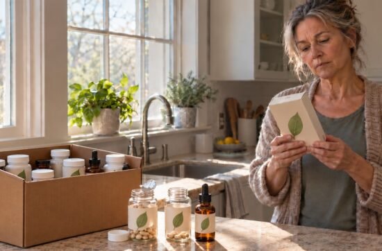 A woman in her late fifties at her kitchen counter, looking doubtful as she reads the box of a new parasite cleanse kit. Beside her sit a cardboard storage box of supplement bottles and three opened bottles, one nearly empty.